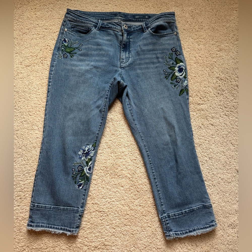 J Jill Jeans Womens 12 Blue Authentic Fit Cropped Embroidered Floral Denim